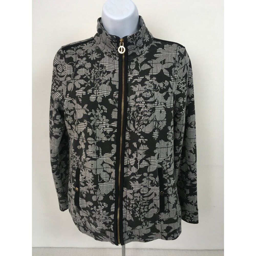 Jones New York Signature Womens Jacket Size M Gray Black Pattern Zip-Up Closure